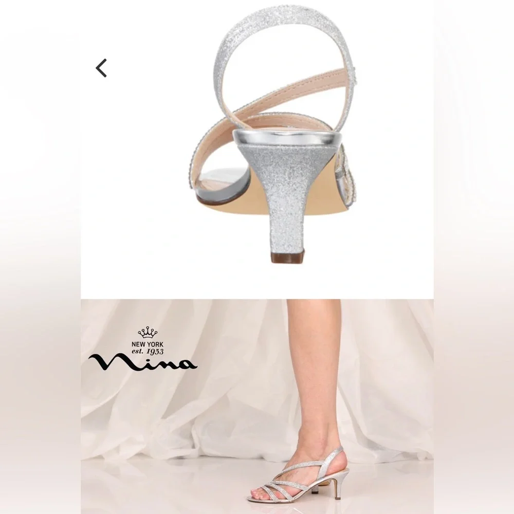 Nina New WOMENS SILVER GLITTER CRYSTAL SLINGBACK MID-HEEL EVENING